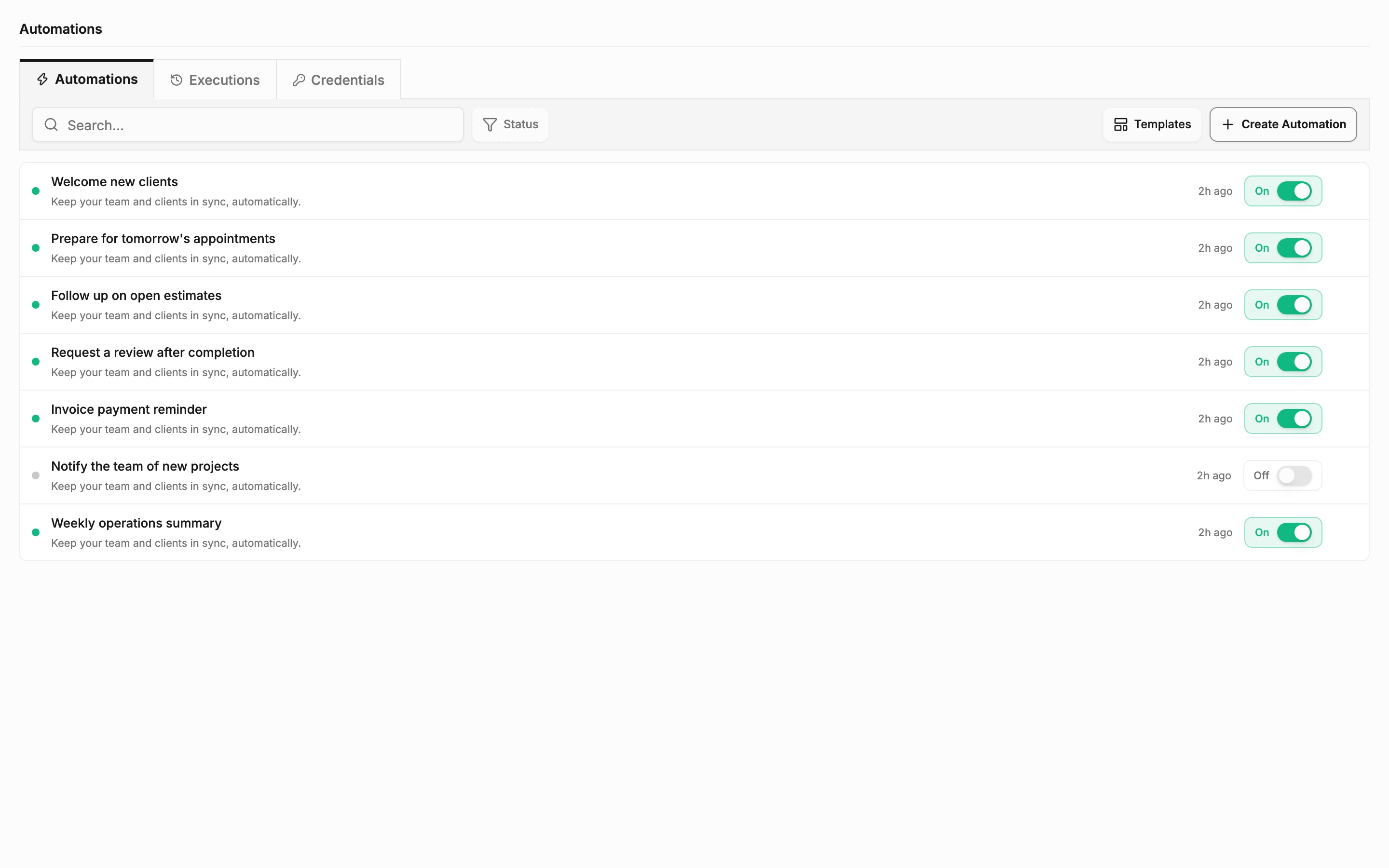 Garrison automations workspace, captured from the app.