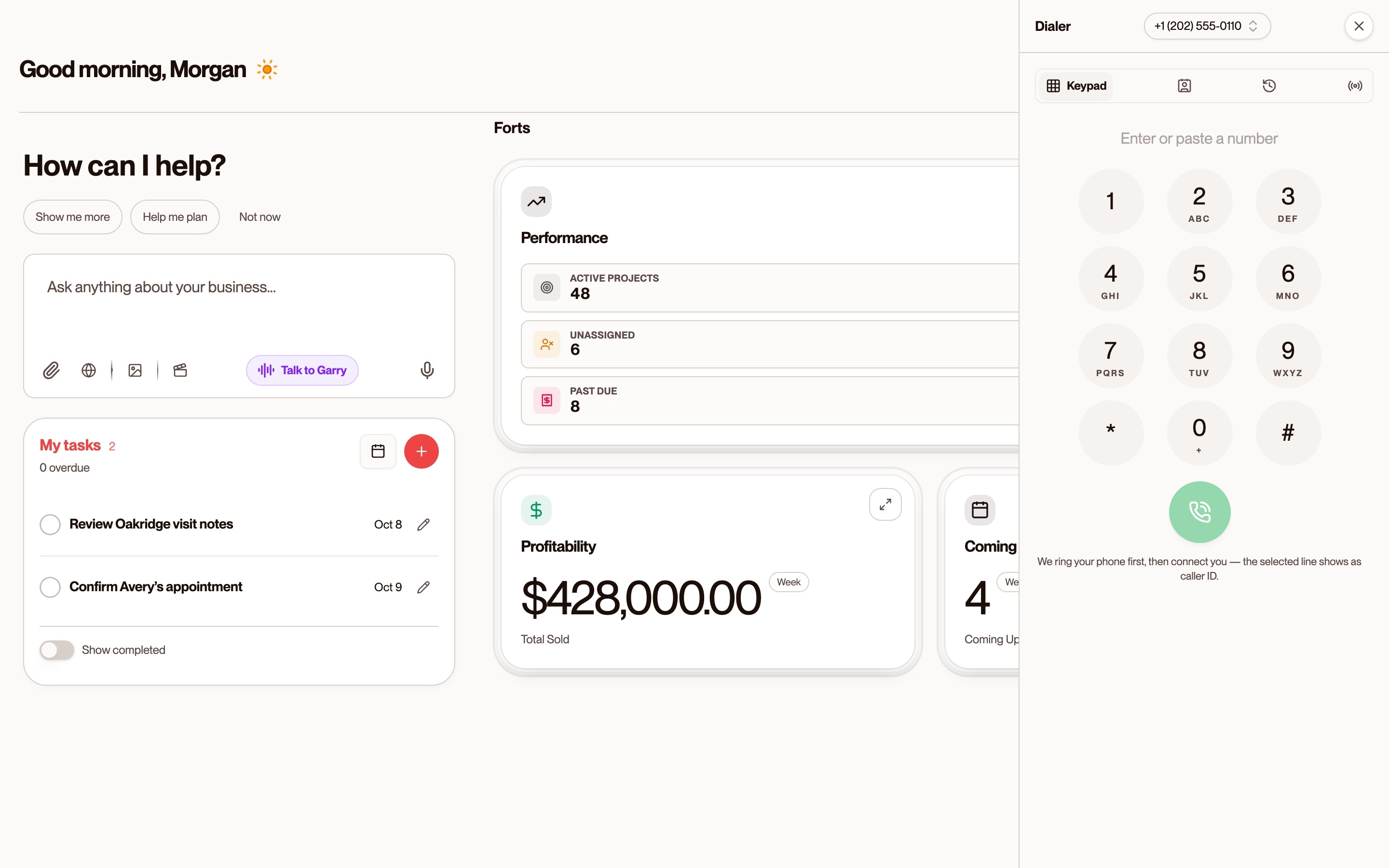 Garrison dialer workspace, captured from the app.