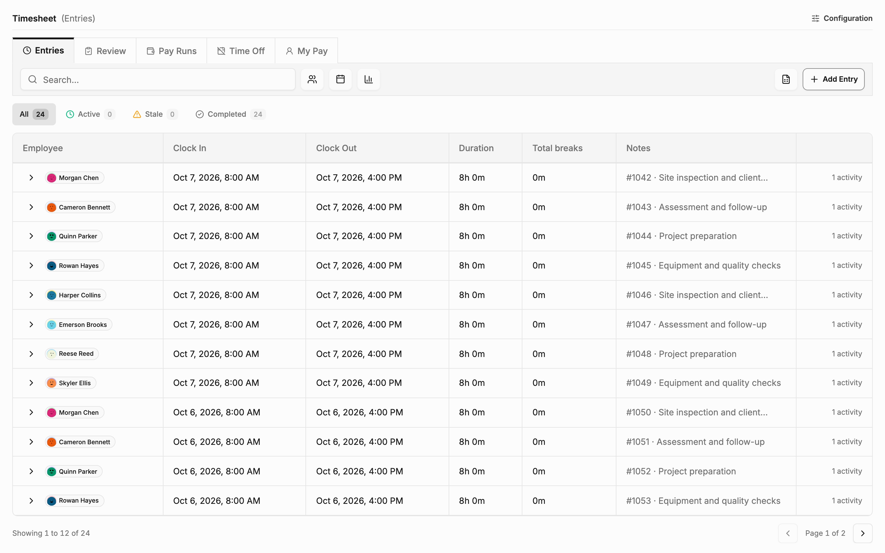 Garrison timesheets workspace, captured from the app.